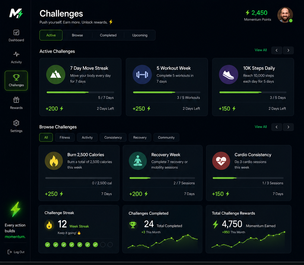 Challenges screen showing active move streaks, workout weeks, and step challenges