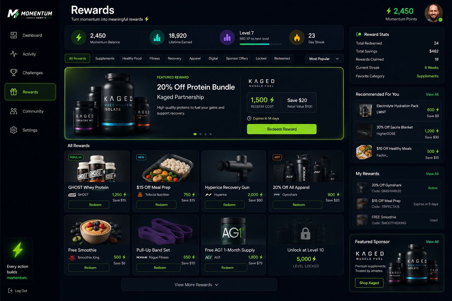 Rewards screen showing supplements, meal prep, recovery gear, and apparel redeemable with Momentum points