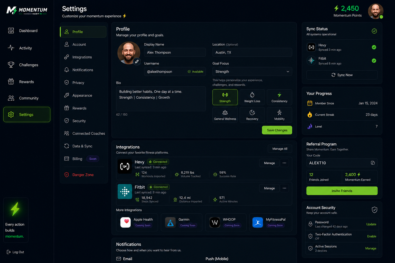 Momentum settings screen showing profile, goal focus, and connected integrations like Hevy and Fitbit